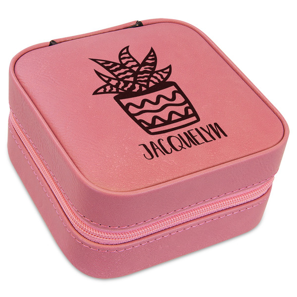 Custom Cactus Travel Jewelry Boxes - Pink Leather (Personalized)