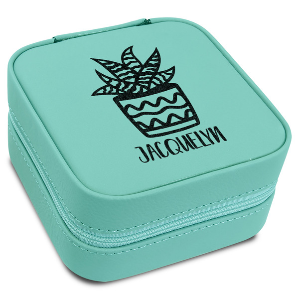 Custom Cactus Travel Jewelry Box - Teal Leather (Personalized)
