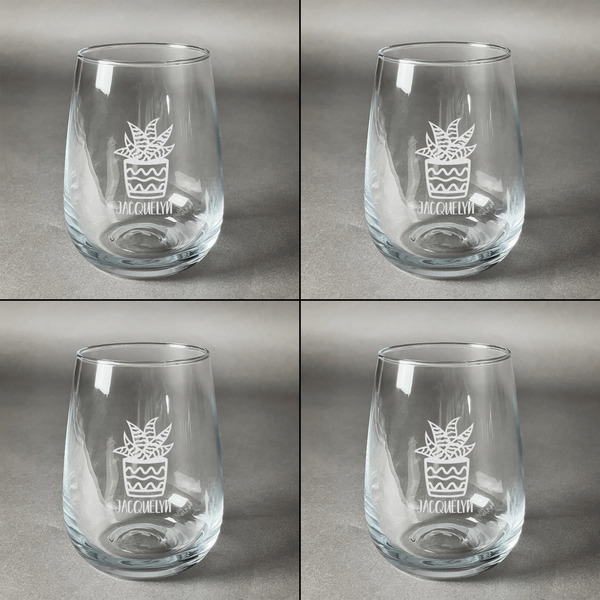 Succulents Set of Four Personalized Stemless Wineglasses (Approval)