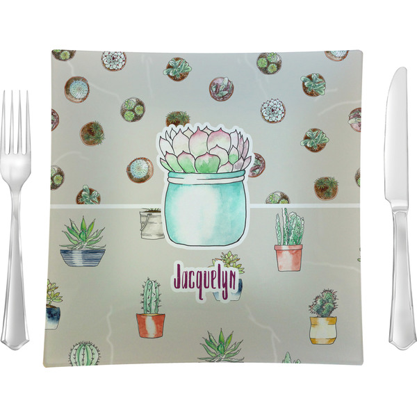 Custom Cactus 9.5" Glass Square Lunch / Dinner Plate- Single or Set of 4 (Personalized)