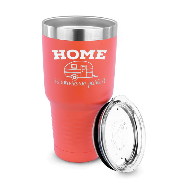 Summer Camping 30 oz Stainless Steel Ringneck Tumblers - Coral - LID OFF