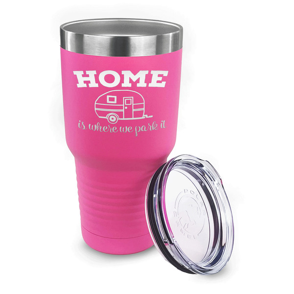 Summer Camping 30 oz Stainless Steel Ringneck Tumblers - Pink - LID OFF