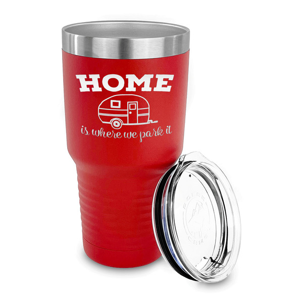 Summer Camping 30 oz Stainless Steel Ringneck Tumblers - Red - LID OFF