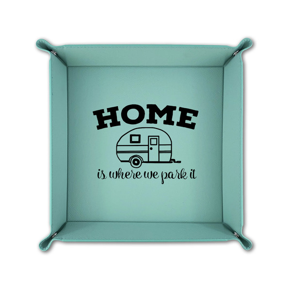 Summer Camping 6" x 6" Teal Leatherette Snap Up Tray - FOLDED UP