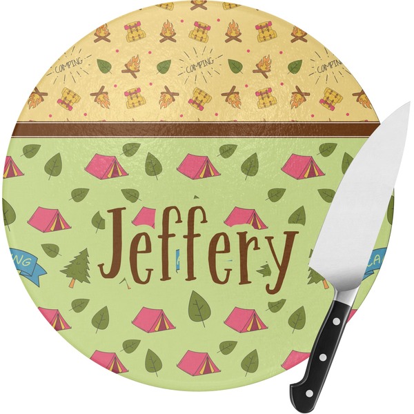 Custom Summer Camping Round Glass Cutting Board - Small (Personalized)