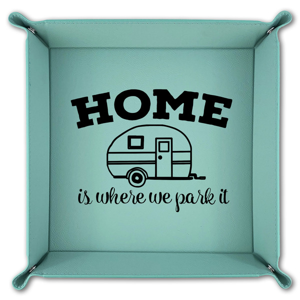 Summer Camping 9" x 9" Teal Leatherette Snap Up Tray - FOLDED