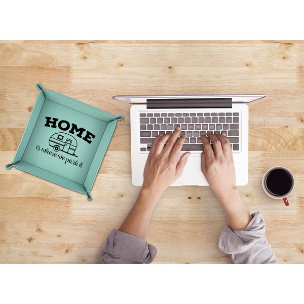 Summer Camping 9" x 9" Teal Leatherette Snap Up Tray - LIFESTYLE