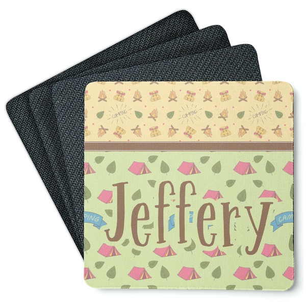 Custom Summer Camping Square Rubber Backed Coasters - Set of 4 (Personalized)