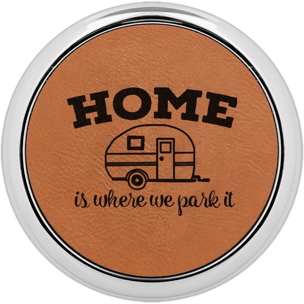 Custom Summer Camping Leatherette Round Coaster w/ Silver Edge