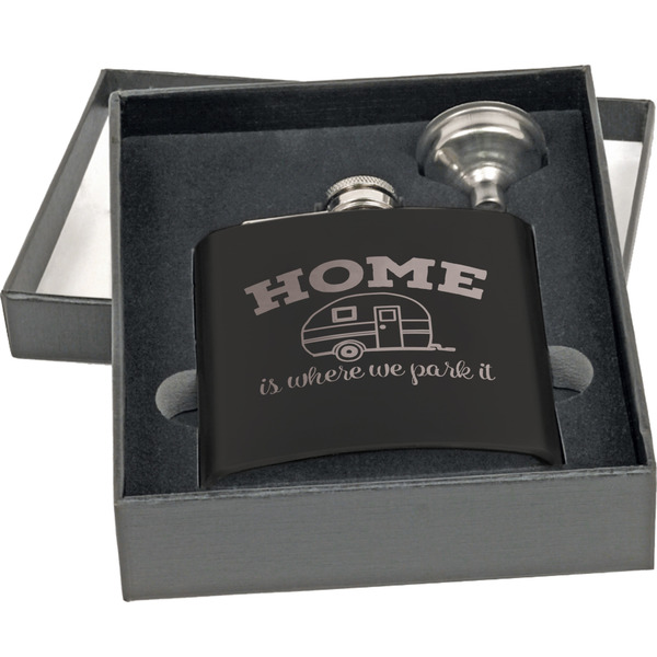 Summer Camping Engraved Black Flask Gift Set