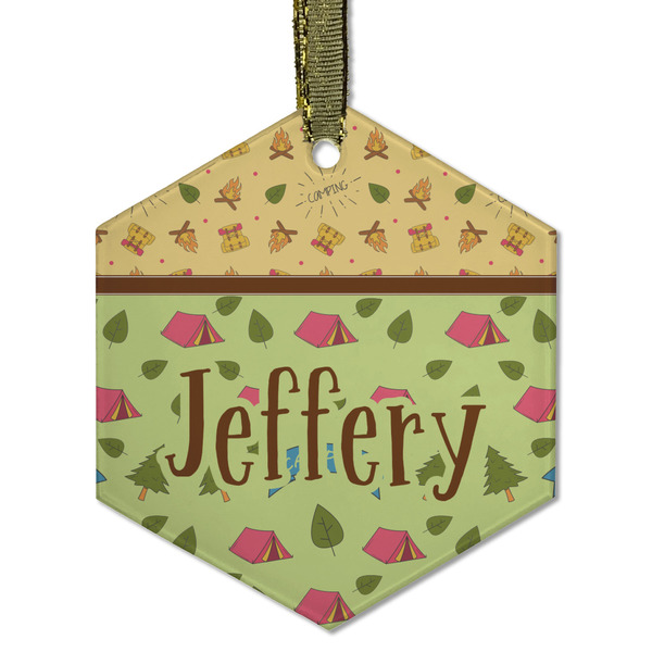 Custom Summer Camping Flat Glass Ornament - Hexagon w/ Name or Text