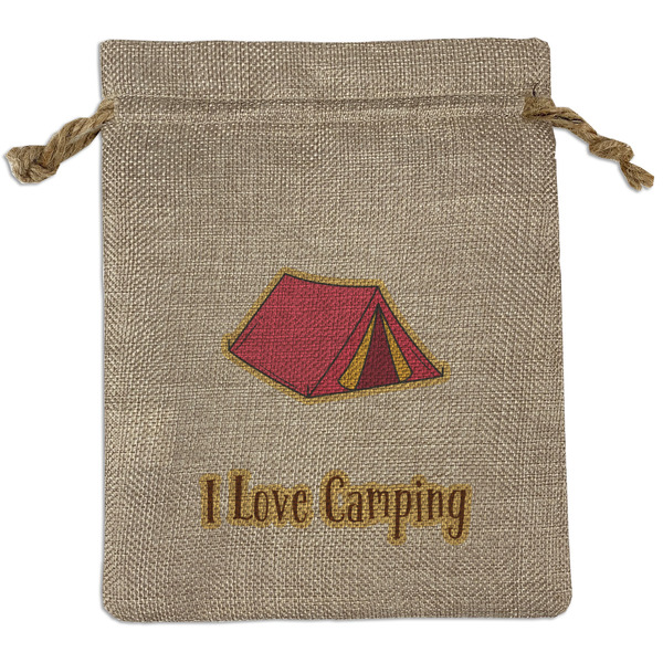Custom Summer Camping Medium Burlap Gift Bag - Front (Personalized)