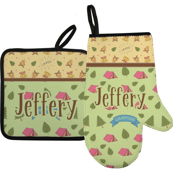 Custom Summer Camping Right Oven Mitt & Pot Holder Set w/ Name or Text