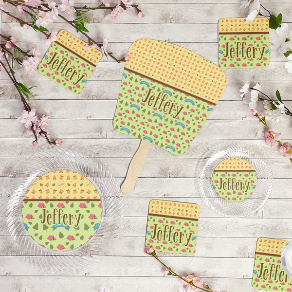 Summer Camping Party Supplies Combination Image - All items - Plates, Coasters, Fans