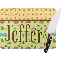 Summer Camping Rectangular Glass Cutting Board - Large - 15.25"x11.25" w/ Name or Text