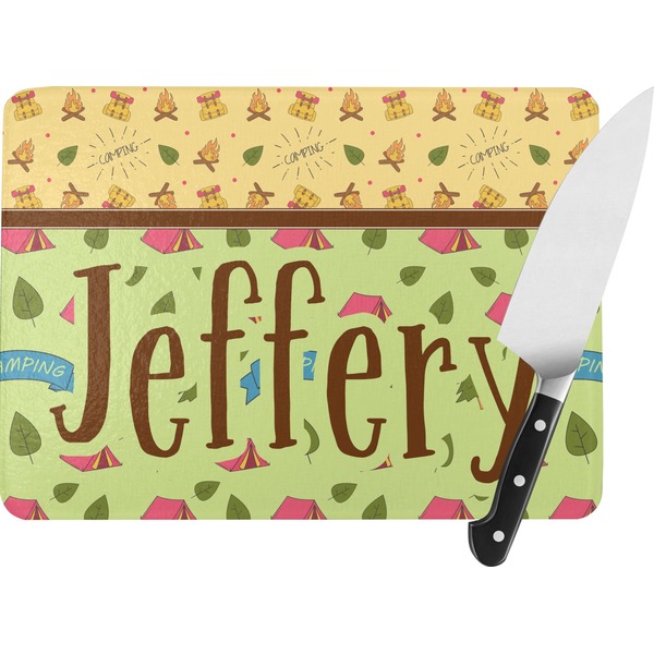 Custom Summer Camping Rectangular Glass Cutting Board - Large - 15.25"x11.25" w/ Name or Text