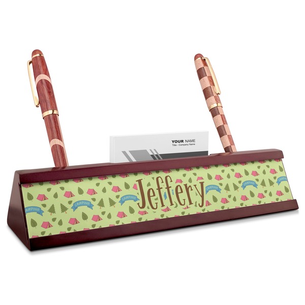 Custom Summer Camping Red Mahogany Nameplate with Business Card Holder (Personalized)