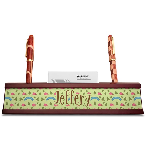 Summer Camping Red Mahogany Nameplates with Business Card Holder - Straight