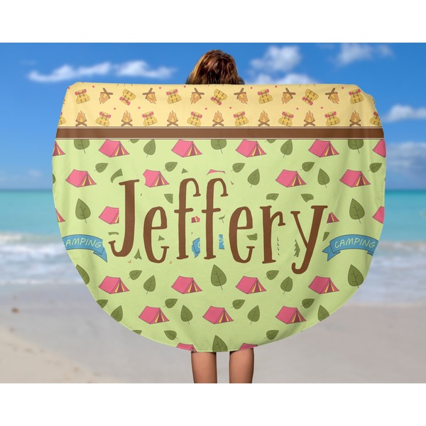Summer Camping Round Beach Towel - In Use