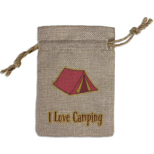 Custom Summer Camping Small Burlap Gift Bag - Front (Personalized)