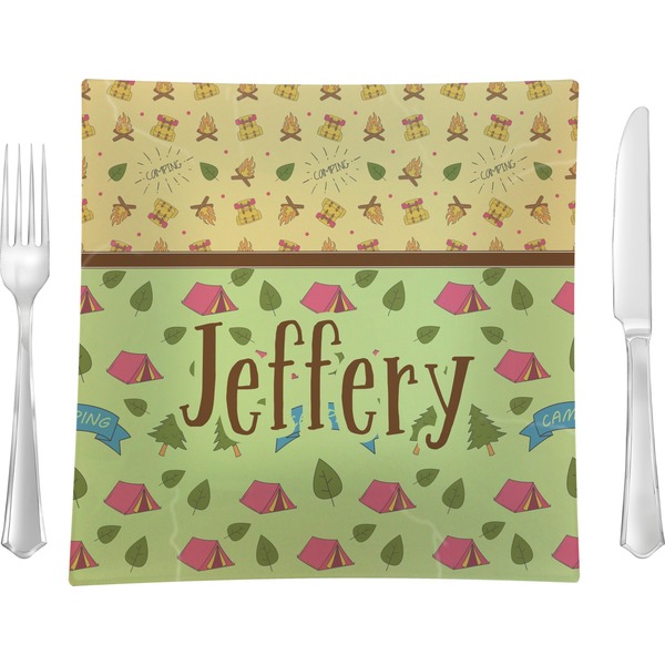 Custom Summer Camping 9.5" Glass Square Lunch / Dinner Plate- Single or Set of 4 (Personalized)