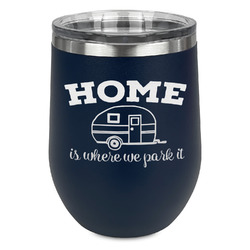 Summer Camping Stemless Stainless Steel Wine Tumbler - Navy - Double Sided (Personalized)