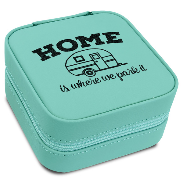 Custom Summer Camping Travel Jewelry Box - Teal Leather