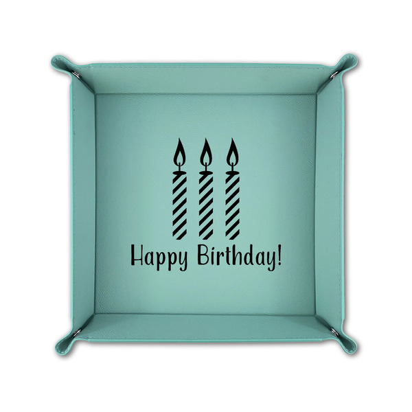 Happy Birthday 6" x 6" Teal Leatherette Snap Up Tray - FOLDED UP