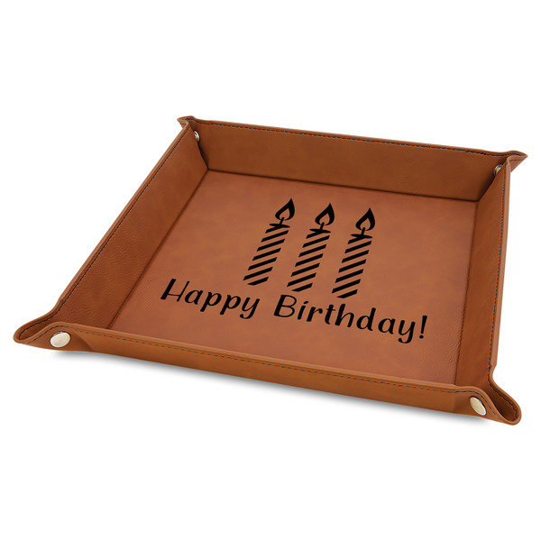 Custom Happy Birthday Faux Leather Dice Tray - 9" x 9" - Rawhide (Personalized)