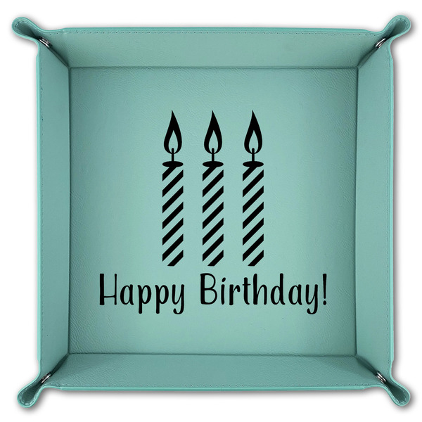 Happy Birthday 9" x 9" Teal Leatherette Snap Up Tray - FOLDED