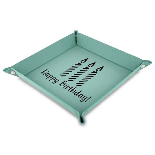 Custom Happy Birthday 9" x 9" Teal Faux Leather Valet Tray (Personalized)