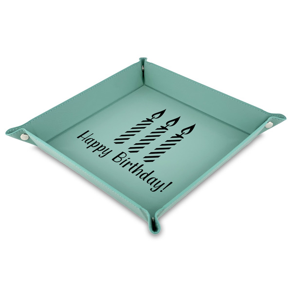 Custom Happy Birthday Faux Leather Dice Tray - 9" x 9"  - Teal (Personalized)