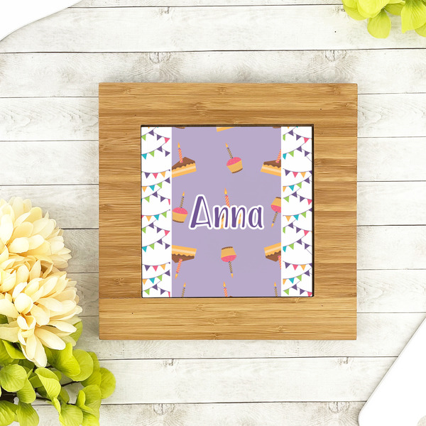 Happy Birthday Bamboo Trivet with 6" Tile - LIFESTYLE