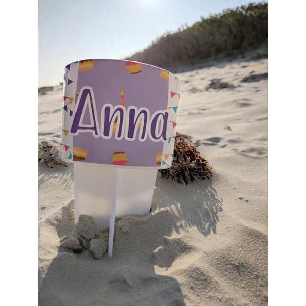 Happy Birthday Beach Spiker white on beach with sand