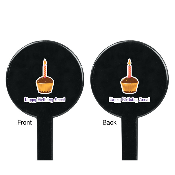 Happy Birthday Black Plastic 7" Stir Stick - Double Sided - Round - Front & Back