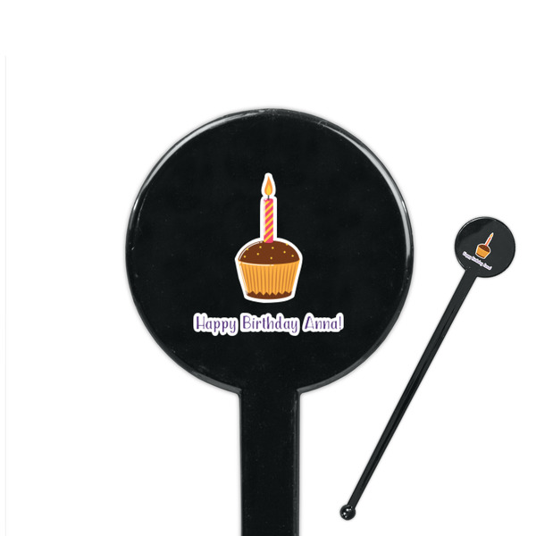 Custom Happy Birthday 7" Round Plastic Stir Sticks - Black - Single Sided (Personalized)