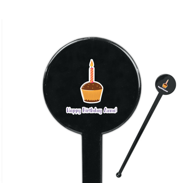 Custom Happy Birthday 7" Round Plastic Stir Sticks - Black - Double Sided (Personalized)