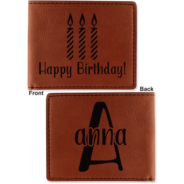 Happy Birthday Cognac Leatherette Bifold Wallets - Front and Back