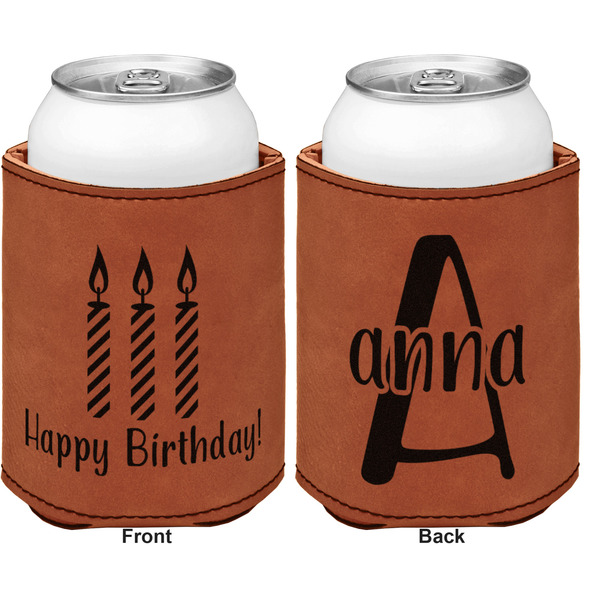 Happy Birthday Cognac Leatherette Can Sleeve - Double Sided Front and Back