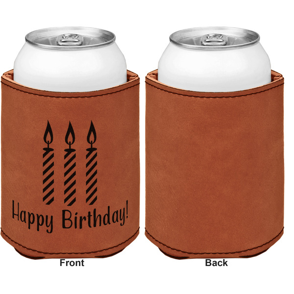 Happy Birthday Cognac Leatherette Can Sleeve - Single Sided Front and Back