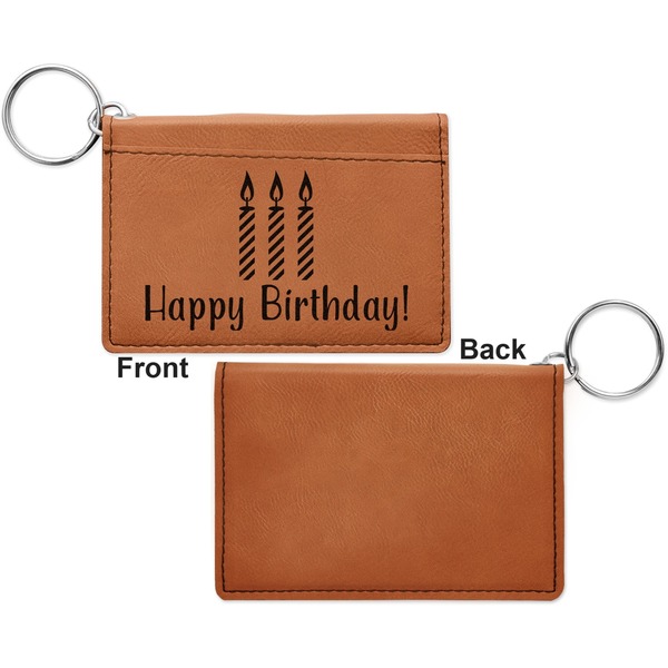 Happy Birthday Cognac Leatherette Keychain ID Holders - Front Apvl