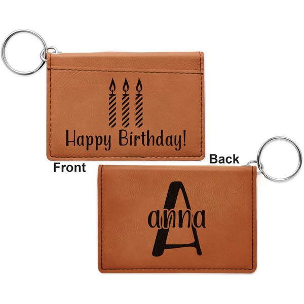 Happy Birthday Cognac Leatherette Keychain ID Holders - Front and Back Apvl