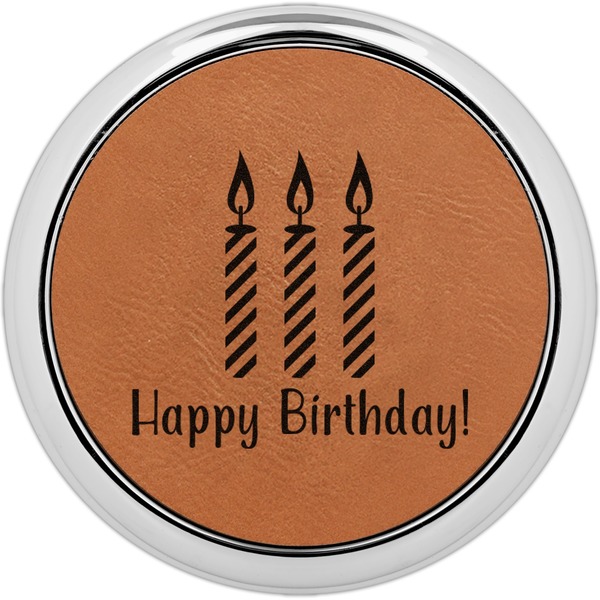 Custom Happy Birthday Leatherette Round Coaster w/ Silver Edge - Single or Set (Personalized)