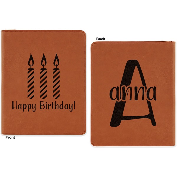 Happy Birthday Cognac Leatherette Zipper Portfolios with Notepad - Double Sided - Apvl