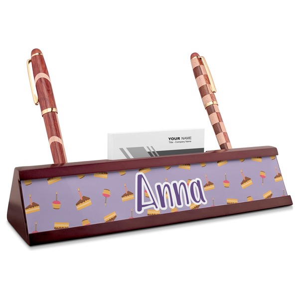 Custom Happy Birthday Red Mahogany Nameplate with Business Card Holder (Personalized)