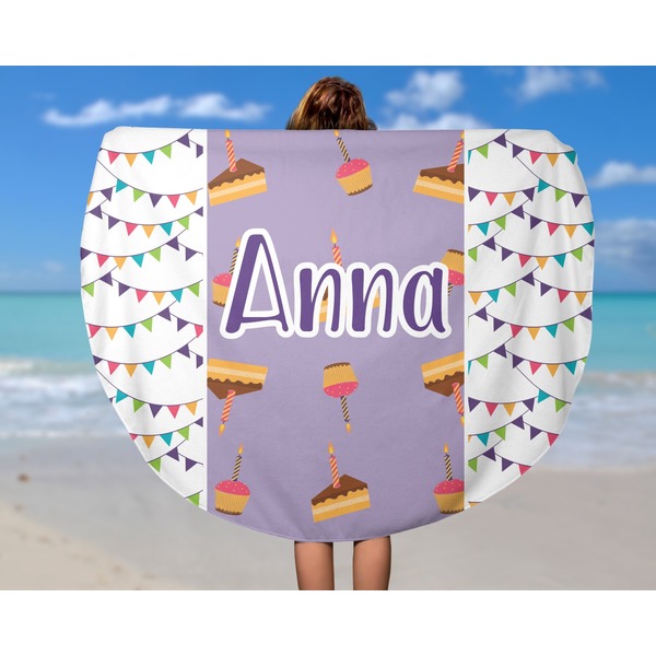 Happy Birthday Round Beach Towel - In Use
