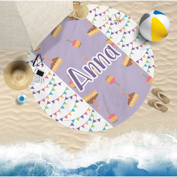 Happy Birthday Round Beach Towel Lifestyle