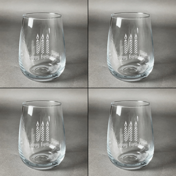Happy Birthday Set of Four Personalized Stemless Wineglasses (Approval)