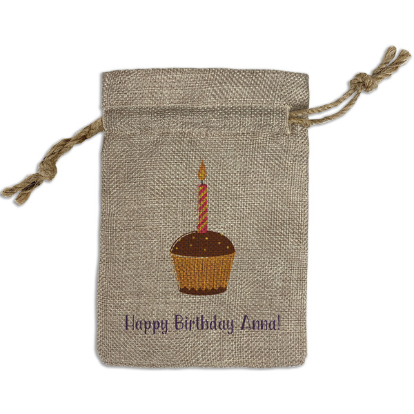 Custom Happy Birthday Small Burlap Gift Bag - Front (Personalized)