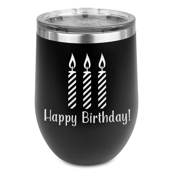 Custom Happy Birthday Stemless Stainless Steel Wine Tumbler - Black - Single Sided (Personalized)